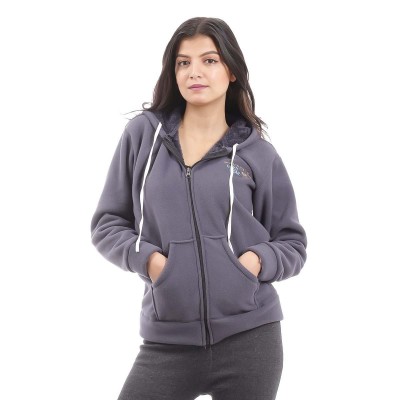 Dark Grey Solid Inner Fleece Hoodie For Women