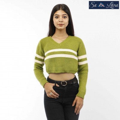 V-Neck Stripped Crop Sweater for Women