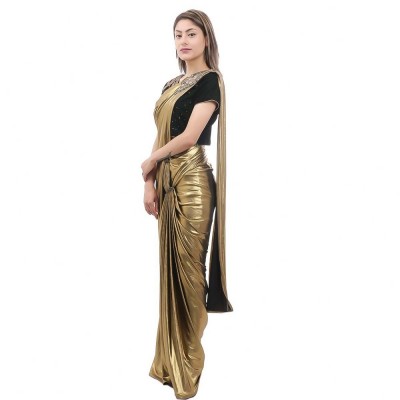 Golden/Green Readymade Saree & Blouse Set For Women