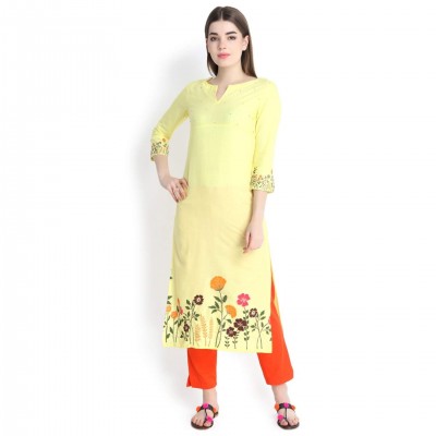 Prakhya Yellow Printed Long Straight Rayon Kurti For Women