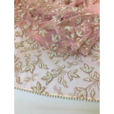Light Pink Net Stone And Pearl Embroidered Dupatta For Women