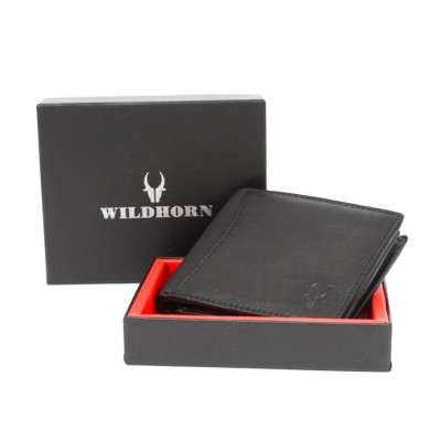 WildHorn Nepal Men's RFID Protected Leather Wallet (Pitch Black)