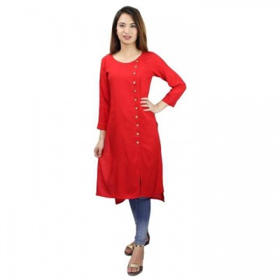 Red Slub Rayon Front Side Buttoned High Low Kurti For Women