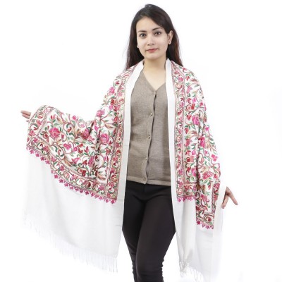White Floral Embroidered Shawl For Women